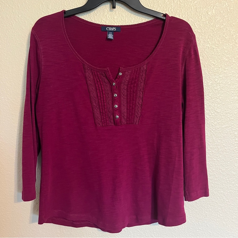 Chaps L Women's Rich Burgundy Henley 3/4 Sleeve  Top